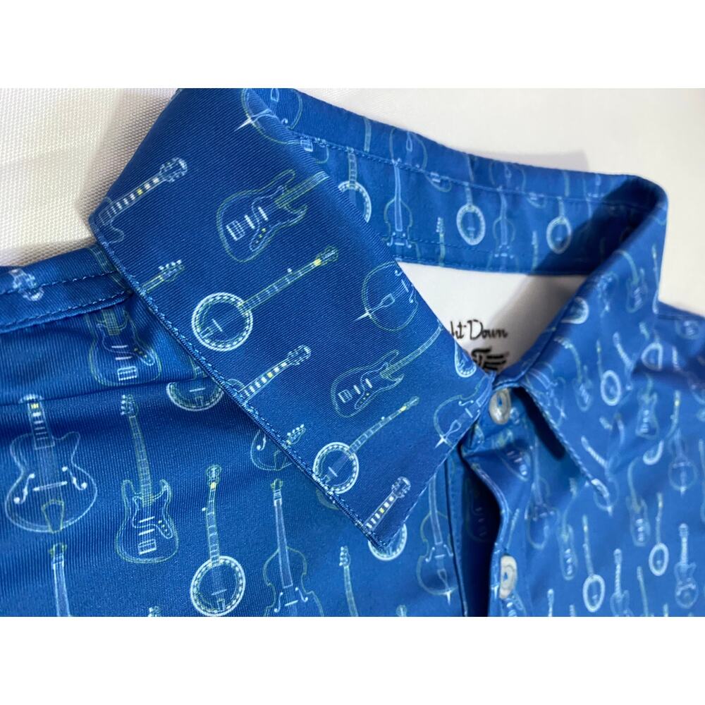 Straight Down Men’s Blue Guitar‑Print Golf Polo – Size Large – Tree Club Crest